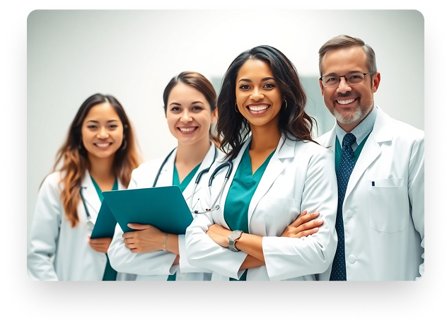 Team of diverse healthcare professionals including doctors and medical staff
